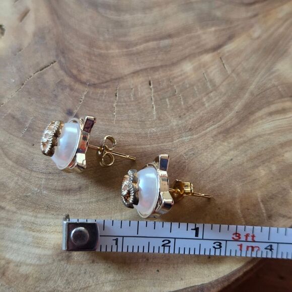 Authentic CC Logo Upcycled Faux Pearl Gold Tone Cat Ears Pierced Earrings
